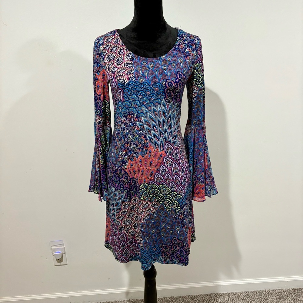 MSK Women's Long Sleeve Dress - Blue and Pink Pattern